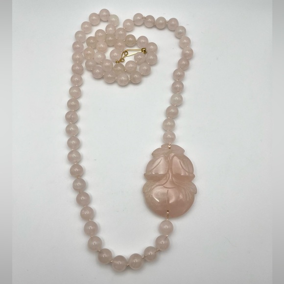 Vintage Chinese Rose Quartz Hand Knotted Mala Lotus Necklace - Picture 8 of 8